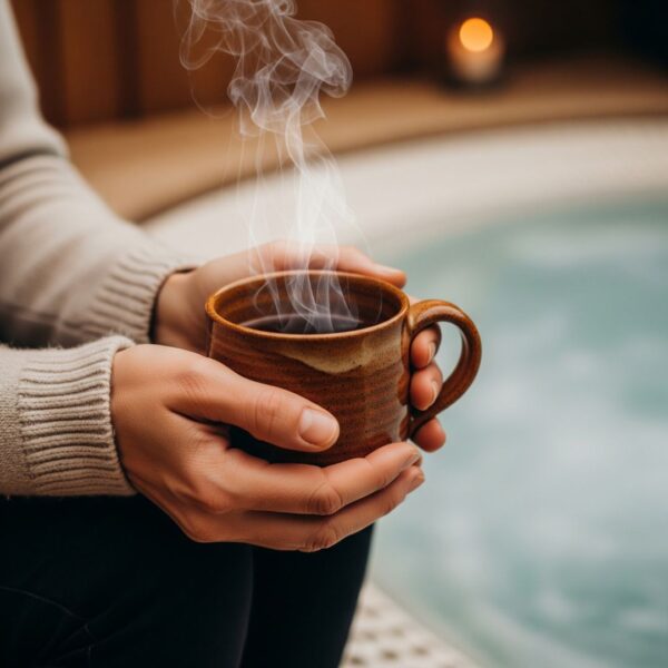 close-up of hands holding a warm mug of herbal tea