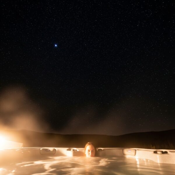 beautiful view of the starry night sky from the perspective of someone relaxing in a hot tub