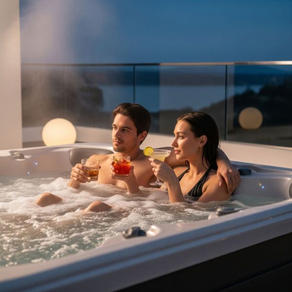 A couple smiling and talking in a hot tub
