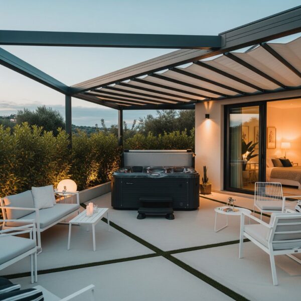 A modern and stylish hot tub on an Airbnb rental patio