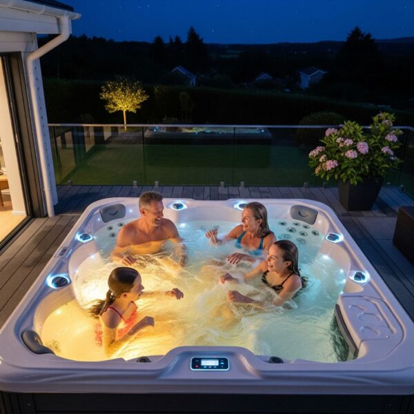 A family laughing together in a spacious hot tub at night