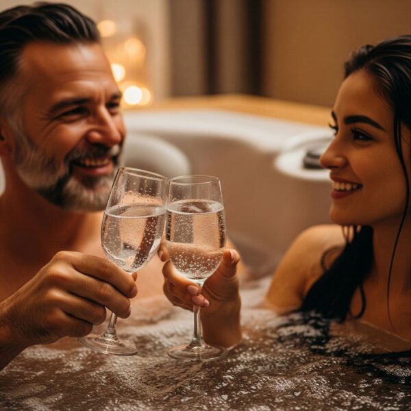 Two people toasting drinks in a hot tub