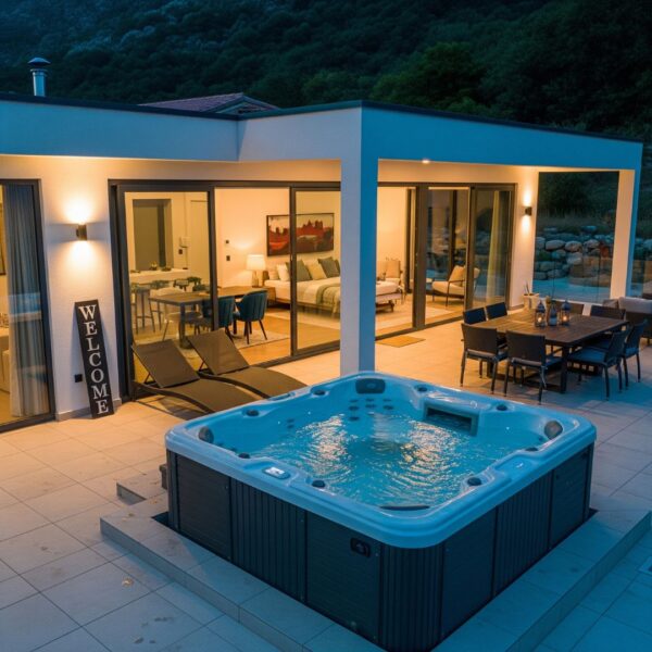 A modern VRBO property patio featuring an inviting hot tub