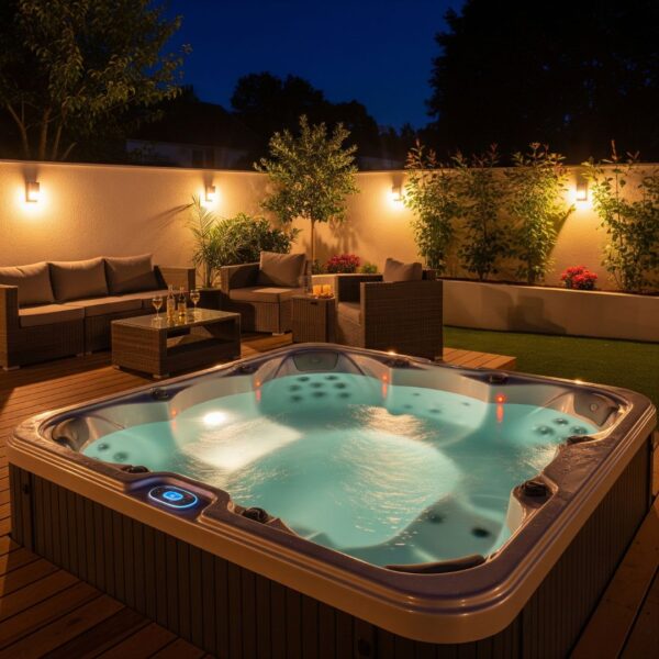 A beautifully lit hot tub at night