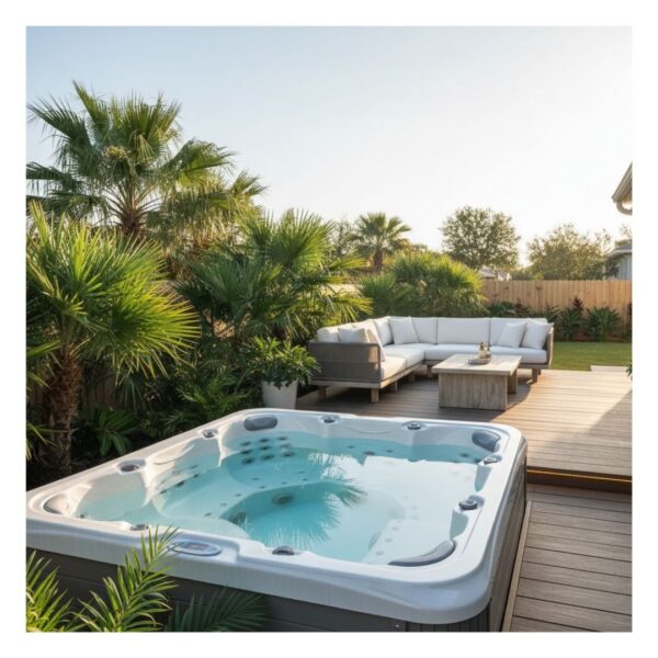 Modern outdoor living area with a clean hot tub and seating area
