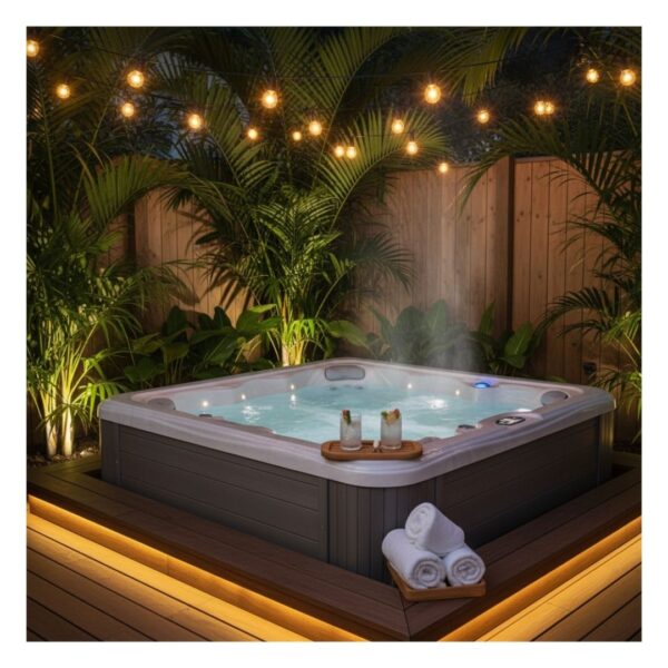 hot tub outside with lights and a spot for towels