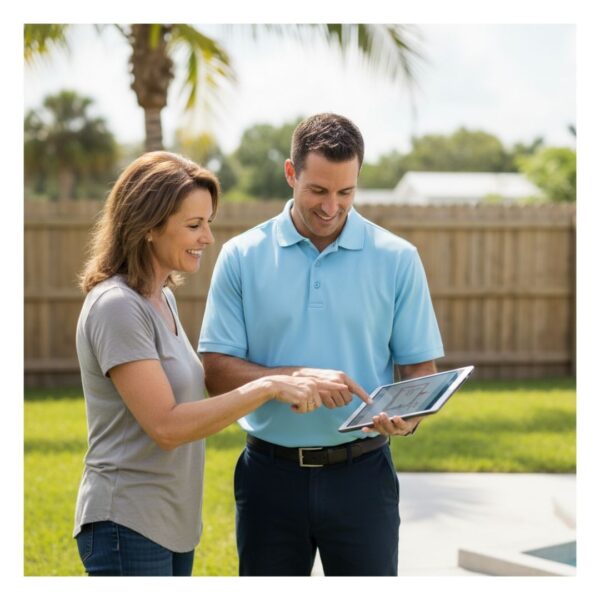 homeowner talking to hot tub installer about a location for the new spa