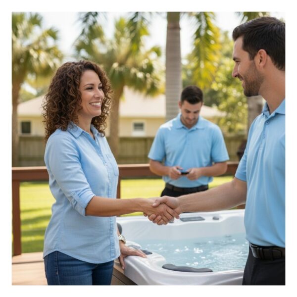 hot tub installer shaking hands with a homeowner