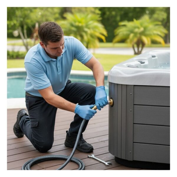 hot tub installer connecting the water line to a spa